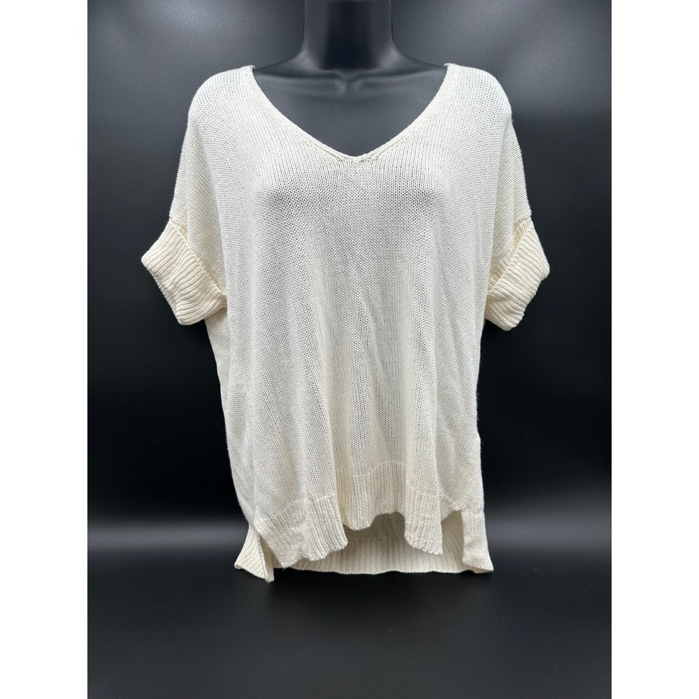 Massimo Dutti Knit Top V Neck Short Sleeve Relaxed Fit Cream Casual